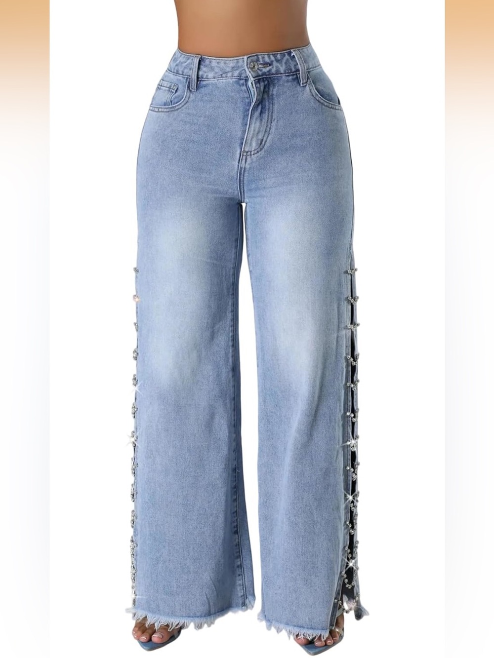 Women's High Waist Rhinestone Jeans Diamond Lace Up Hollow Out Split Denim Pants